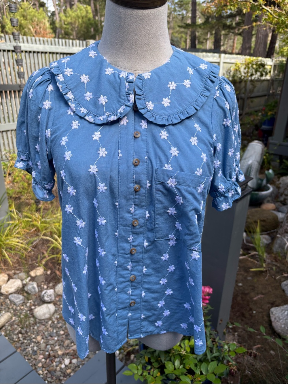 Pilcro Keira Blue Embroidered Cotton Button-Front Top with Peter Pan Collar